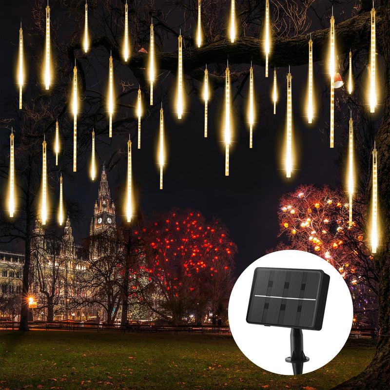 Brightown Solar Meteor Shower Lights Outdoor - 576 LED Rain Drop Lights with 16 Tubes, 16 Inches - Solar Powered Christmas Decorations for Tree Bushes Holiday Party Christmas Decor, Warm White 16Inch 16Tube 576LED