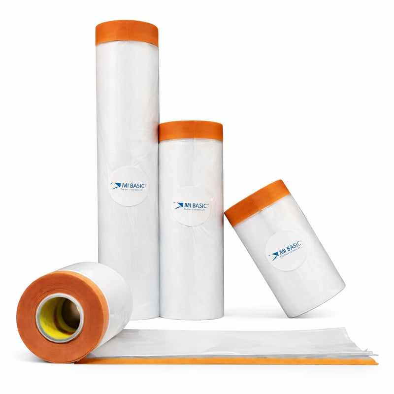 Pre Taped Masking Film Paper – 3-Rolls, Orange Tape and Drape Painters Plastic Sheeting for Painting, High Visibility Paint Plastic Covering Overspray Protection, 35/59/94 Inch x 65Ft