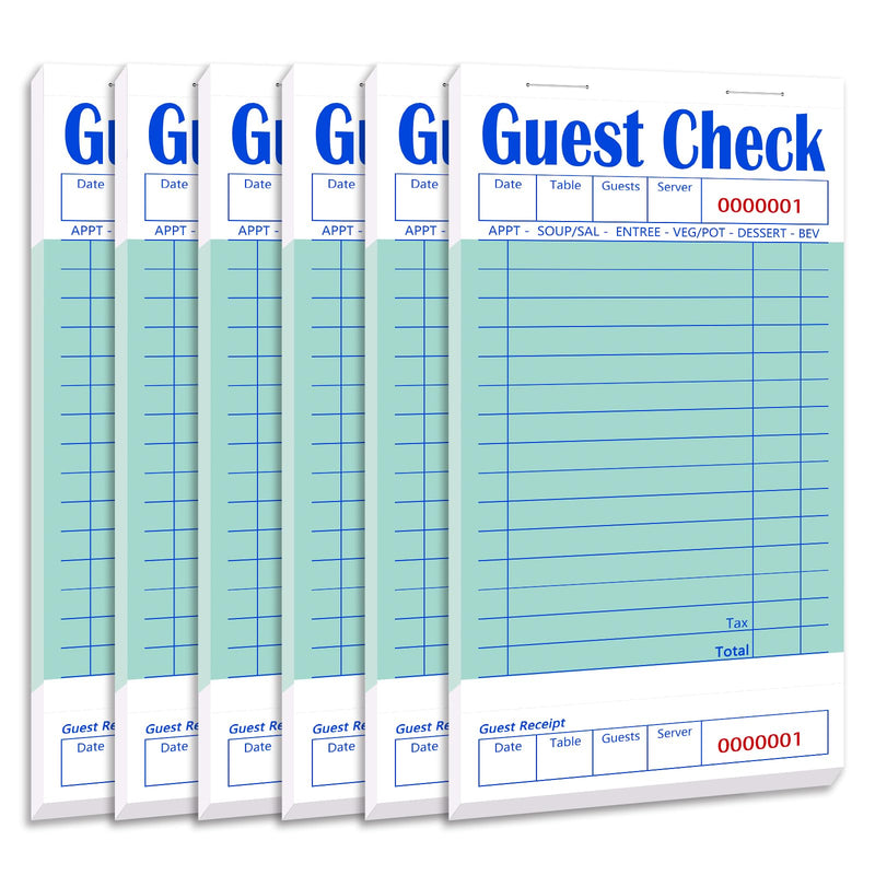 Guest Check Books 6 Pack, Guest Checks for Servers, Server Note Pads, Waitress Accessories Writing Pad, Thick Server Paper with Guest Receipts, Restaurant Supplies Order Pad Total 300 Sheets 6 Pack/300 Sheets Green