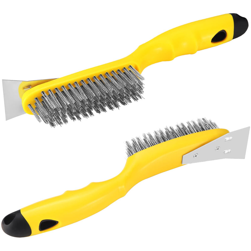 Stainless Steel Wire Brush 2 Pcs with Metal Scraper, 79 Bundles bristles, Plastic Contoured Handle, Chanharm Heavy Duty Scratch for Cleaning Rust Dirt, Dust Paint Scrubbing, Welding Slag Removal