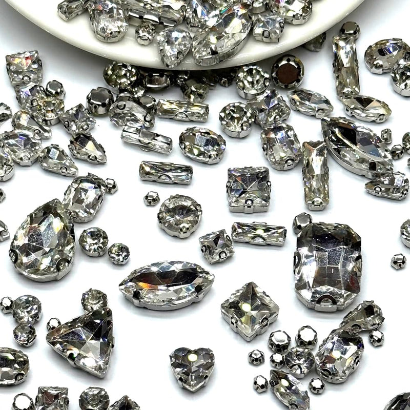 260 PCS/Pack 9 Shapes 24 Sizes Mixed Clear Crystals, Silver Sew on Glass Rhinestones,Crystal Gems Mental Flatback with Silver Claw, for Jewelry Crafts Costume DIY Garment R1-Silver