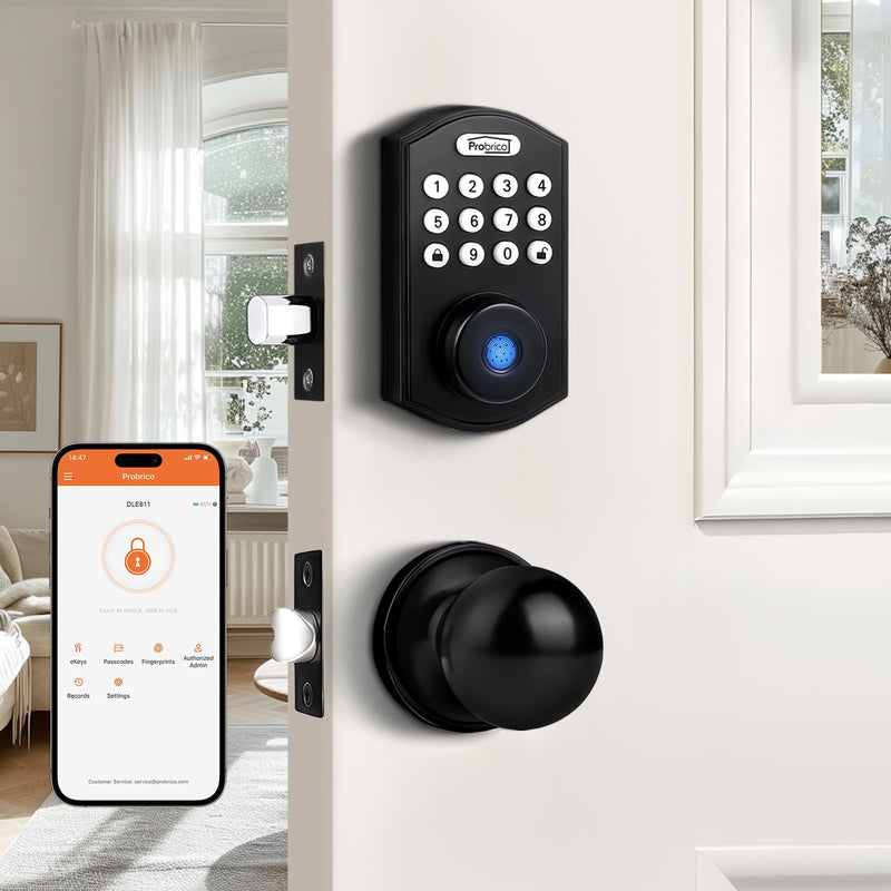 Probrico Smart Fingerprint Door Lock for Front Door,Electronic Keyless Entry Door Lock Deadbolt with Handle Set,Door Knob with Smart Keypad Deadbolt Lock,Auto Lock,App,Black Black