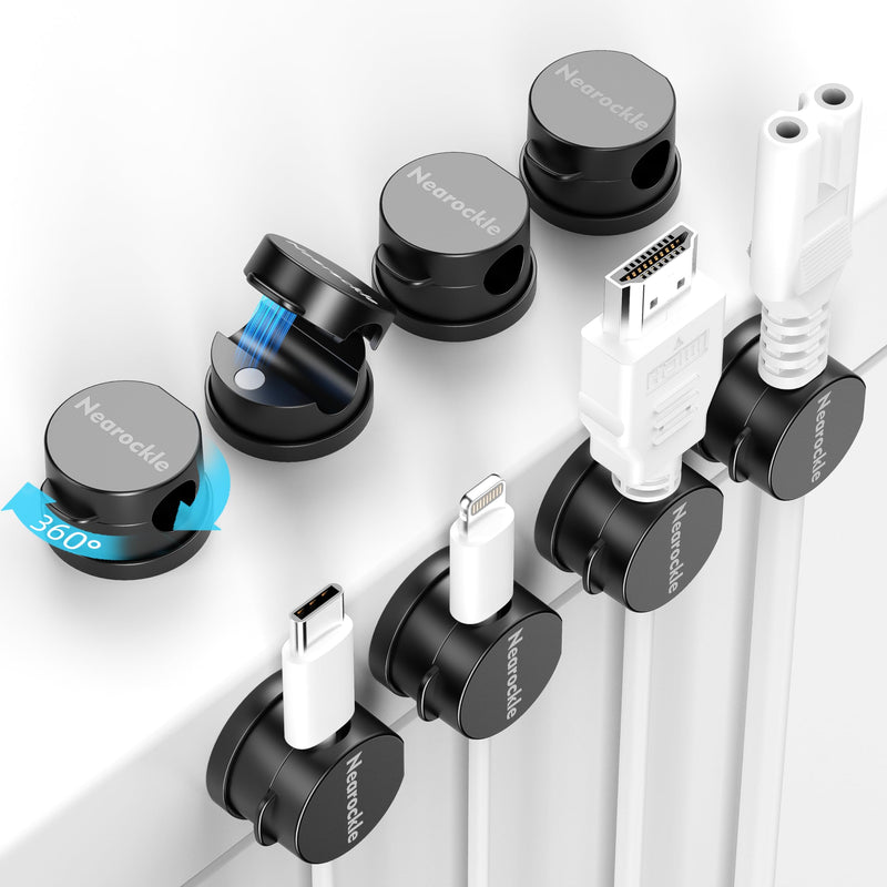 8 Pack Magnetic Cord Organizer [Locking Cable Rotatable] Cable Clips, Nearockle Upgraded Strong Magnetic Cord Holder, Adhesive Wire Keeper Cable Management for Desk,Car,Nightstand,Office,Home(Black) 8Pack Black