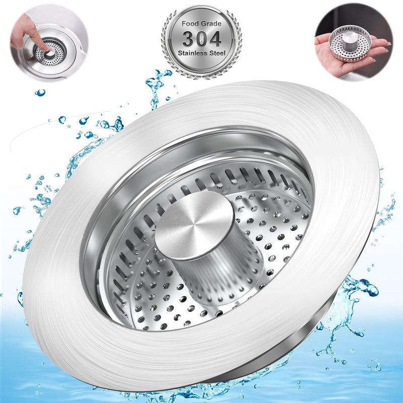 Upgraded 3 in 1 Kitchen Sink Drain Strainer Stopper, Brushed Stainless Steel SUS 304 Pop Up Sink Drain Stopper for Standard 3-1/2 Inch Drain Anti-Clogging Odor Prevention SUS304 Drain+SUS304 Strainer-1Pack
