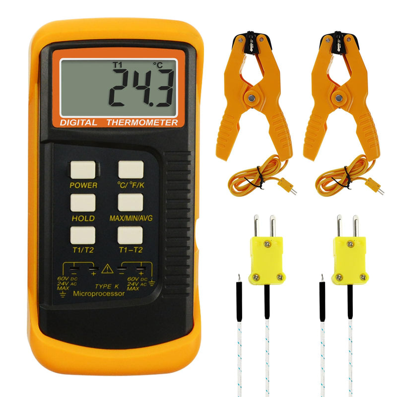 K Type Thermocouple Thermometer (-50~1300°C), Dual Channels Digital Thermometer with 2 Temperature Clamp 2 Wired Thermocouple Probes, High Accuracy Temperature Kelvin Scale Meter Tester