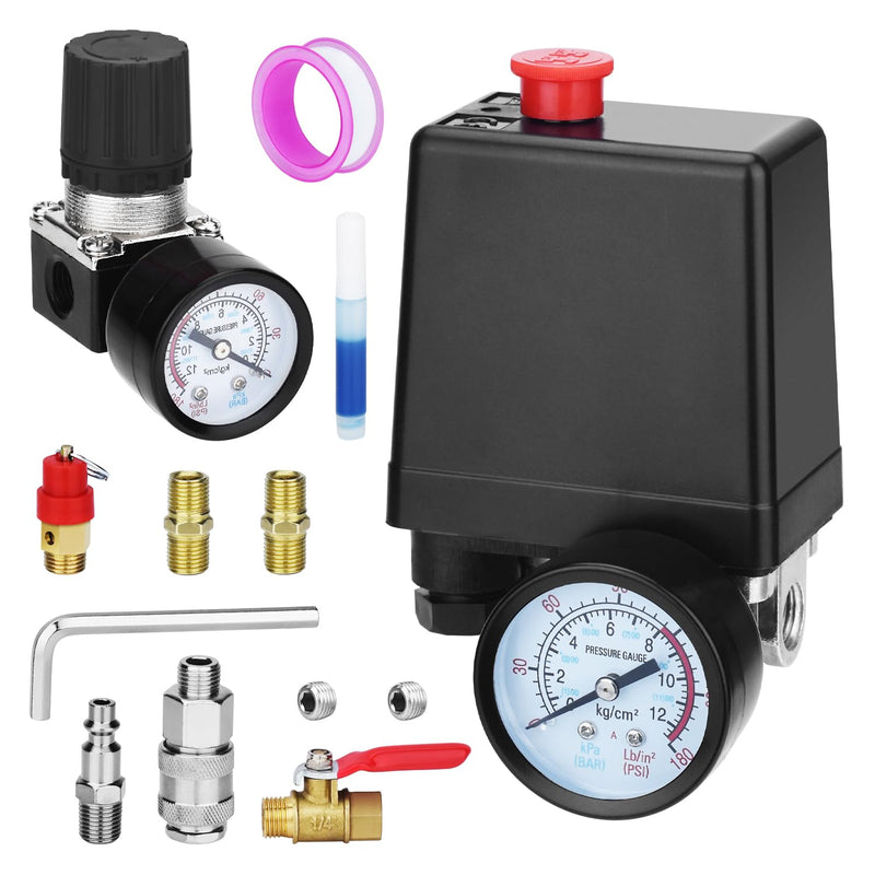 Universal Air Compressor Pressure Switch Control Valve (90-120 PSI, 110V-240V) with 0-180 PSI Regulator and Safety Pressure Relief Valve - 4 Way Replacement Part (110V-240V-B9) 110V-240V-B9