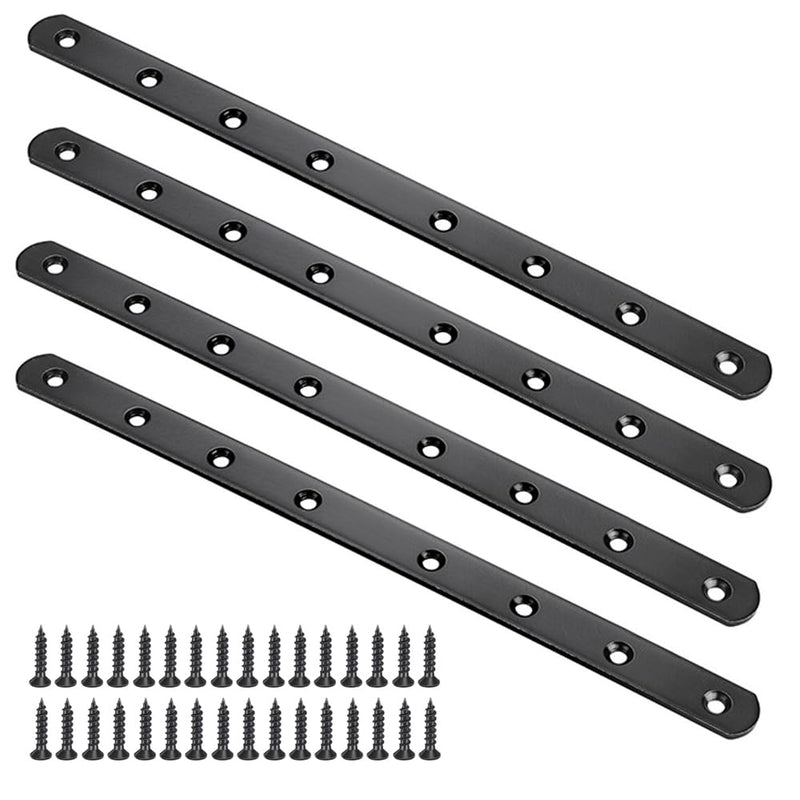12" Flat Mending Plate 4Pcs Flat Straight Braces Stainless Steel Straight Brackets, Repair Fixing Bracket Connector, Mending Joining Plates with Screws, Black