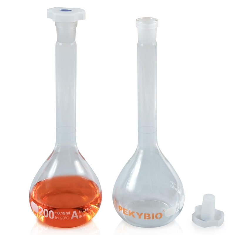 PEKYBIO 200ML Volumetric Flask Set|ASTM Class A 3.3 Borosilicate Glass|Polypropylene Stopper|White Graduation|for Analytical Chemistry Work|2PCS