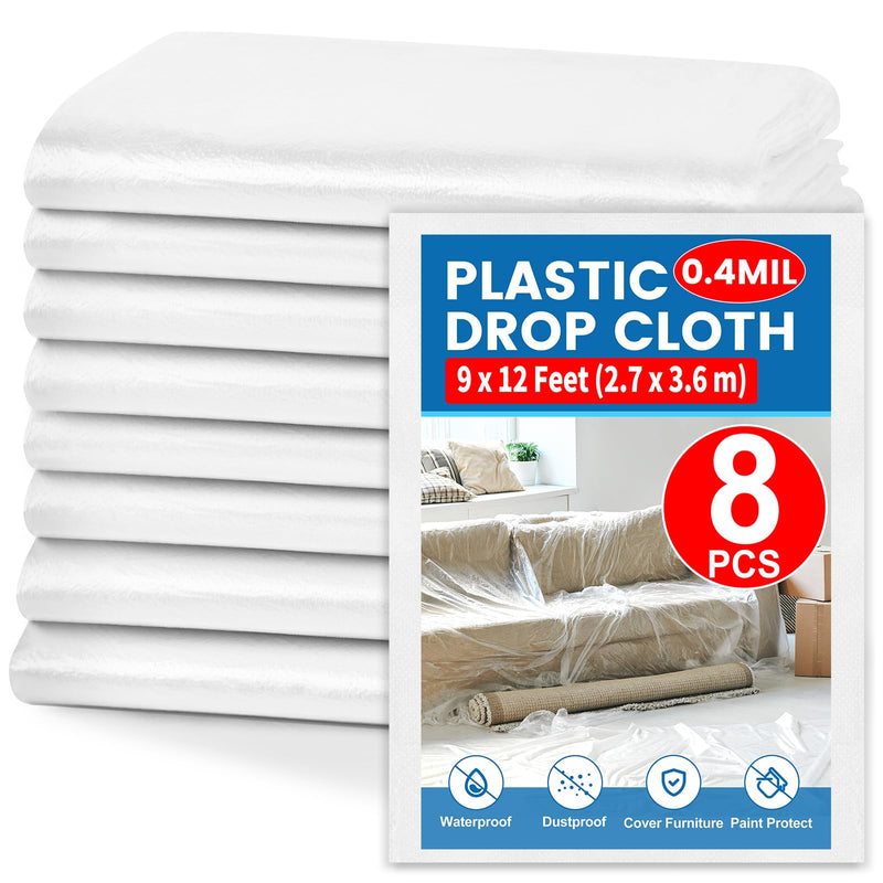 8 Pieces Plastic Drop Cloth for Painting, 9 x 12 Feet Painters Plastic, Waterproof Clear Plastic Tarp, Dustproof Plastic Sheeting for Furniture Cover 8 Pack