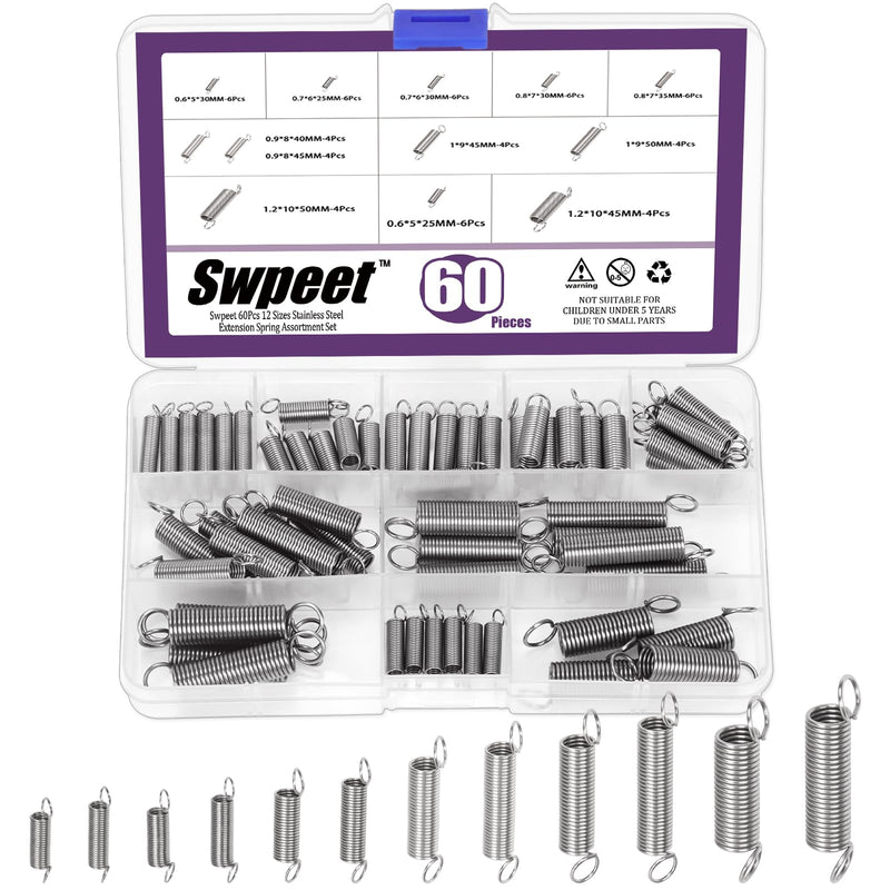 Swpeet 60Pcs 13 Different Sizes Stainless Steel Extension Spring with a Dual Hook Assortment Kit, Mechanical Extension Springs Small Spring for Home Repairs 60