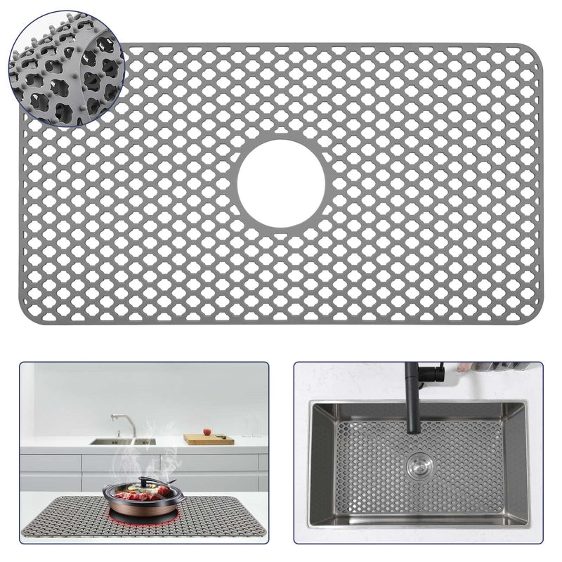 Silicone Sink Protector 28"x15" Center Drain Hole, Heat Resistant Non-slip Dishwasher Suitable, Large Sink Mat for Bottom of Farmhouse Kitchen Stainless Steel Sink 28x15 center