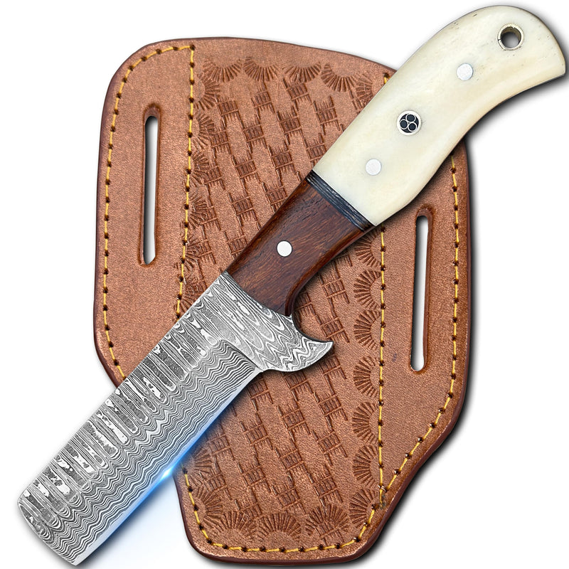 Cowboy Knives with Leather Sheath - 8” Sharp Handmade Damascus Bull Cutter Knife - EDC Fixed Blade Hunting Knife for Skinning, Camping, Bushcrafting and Outdoor Activities