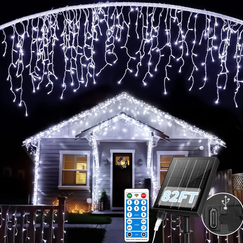 Solar Icicle Lights for Outside - 82Ft 660 LED Solar Powered Christmas Lights Outdoor Waterproof with Remote, Cool White LED Icicle String Lights for Halloween Wedding Patio Balcony Roof Decor Cool White 660LED 82Feet(66Ft+16Ft)