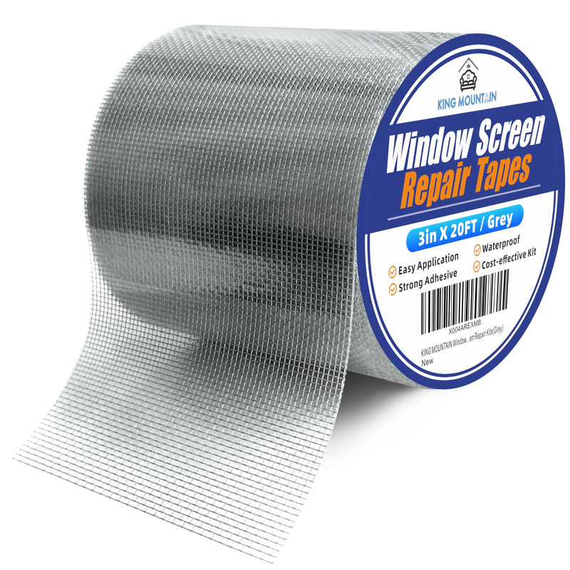 KING MOUNTAIN Grey Window Screen Repair Tape,3inX20FT Heavy Duty Screen Repair Kit for Window Screen and Screen Door Tears Holes,Strong Adhesive & Waterproof Window Screen Patch 3*20Ft