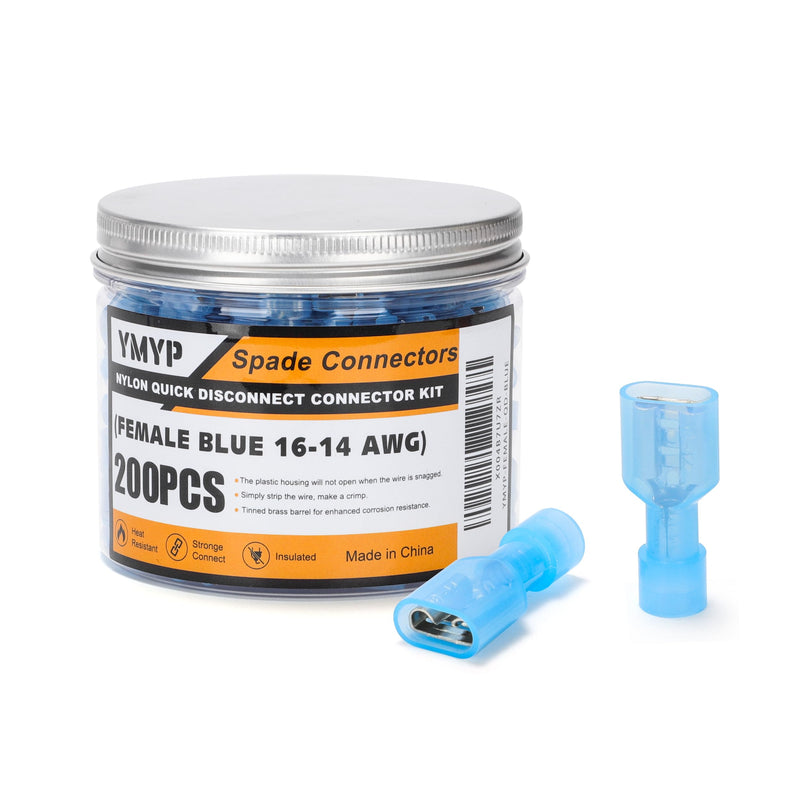 200PCS Nylon Female Spade Connector Kit - Blue 16-14 AWG - Quick Disconnect Electrical Wire Connectors - Tinned Copper Insulated Terminals for Automotive Electronics Crimp