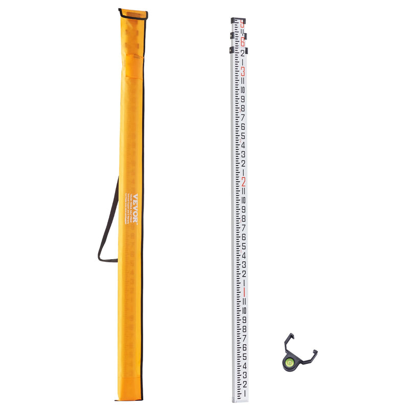 VEVOR Aluminum Grade Rod, 9-Feet/8ths 3 Sections Telescopic Measuring Rod, Double-Sided Scale 1/8in Leveling Rod Stick,Aluminum Alloy Survey Rod with Bubble Level &Carrying Bag for Houses,Walls,Floors 9 FT-8ths