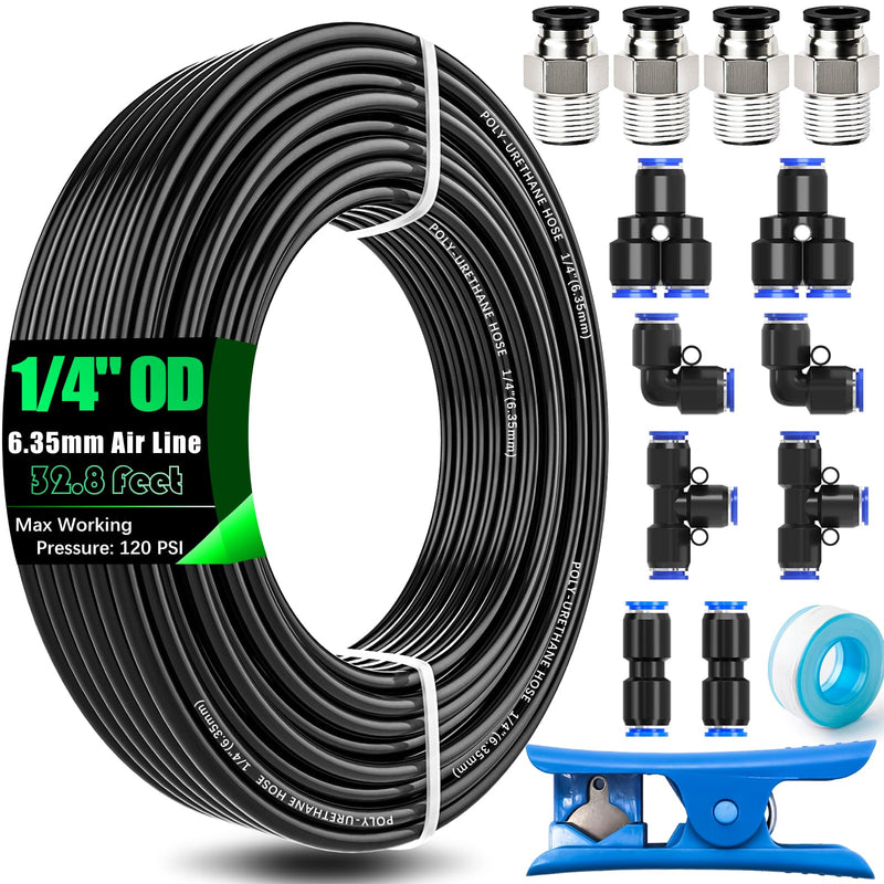 mxuteuk 1/4" Air Hose Fittings,1/4" Air Line Fittings,1/4"(6.35mm) OD x 32.8 Feet PU Tube and 1/4" OD Push to Connect Fittings(15PCS)