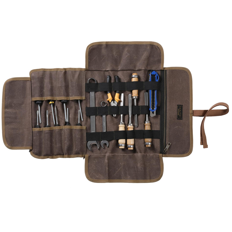 Tool Roll Pouch, Heavy Duty 16OZ Waxed Canvas Tool Bag Roll, Hand Tools Pouch with 1 Zipper Pocket + Elastic Band, Sturdy Tool Storage Roll Bag for Horticulturist Mechanic Handyman - Grey - 24" x 12"