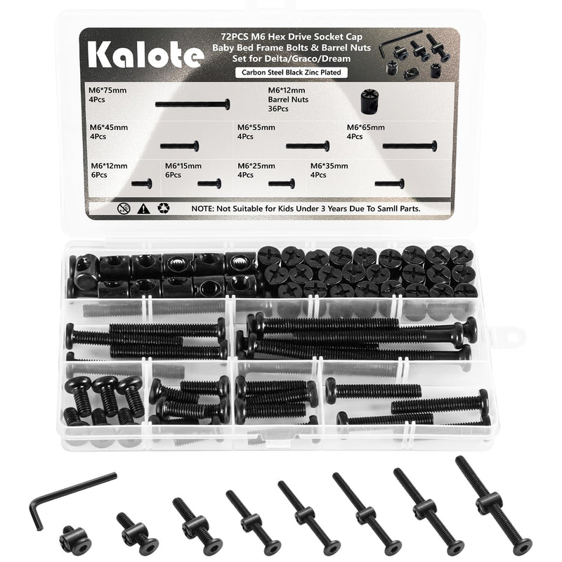 72PCS Crib Screws Hardware Replacement Kit, Baby Bed Frame Bolts & Barrel Nuts Set for Delta/Graco/Dream, Hex Drive Socket Cap Screws Barrel Nuts Set (M6*12mm/15mm/25mm/35mm/45mm/55mm/65mm/75mm) 72PCS Black