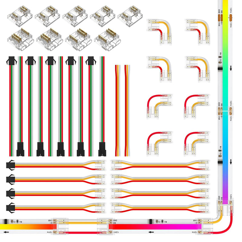 BTF-LIGHTING FCOB COB 10mm 3Pin Connector Kit,L-Shaped Connector,Dual-End with Wire,Strip to JST,Wire to Strip,3Pin JST,Gapless Connector for WS2814 IC RGBW 784LED/m COB LED Light Transparent 10mm width PCB Multifunctional Kit 2