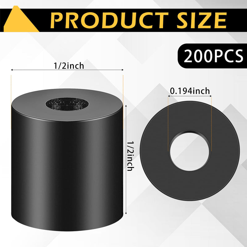 Pasimy 200 Pcs Black Nylon Spacers 1/2 ''Thick, 1/2 '' Od 0.194 '' ID Round Rubber Plastic Washers Electrical Outlet Screw Spacers for Robotics Electrical Screws, Switch and Receptacle 1/2'' Thick, 1/2'' Od 0.194'' Id