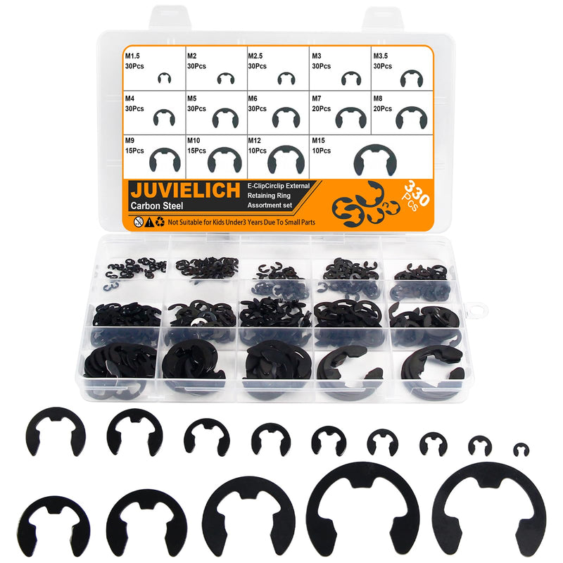 E Clip Circlip Assortment Kit 330PCS 14 Size Carbon Steel External Retaining Rings Washer E-Ring Metric Circlip Rings Kit for Bearings Gears Pulleys and Axles Includes Sizes of M1.5-M15 Black Alloy 330PCS E-Clips