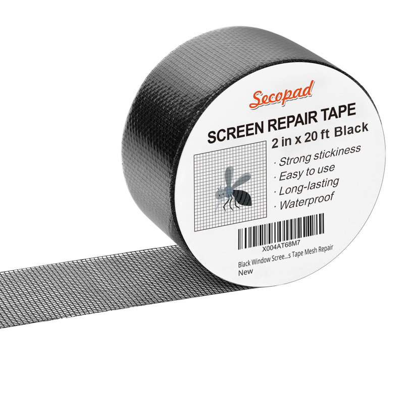 Black Window Screen Repair Tape, 2IN X 20FT Screen Repair Kit for Windows or Doors, Strong Adhesive Fiberglass Mesh Patch Tape Black