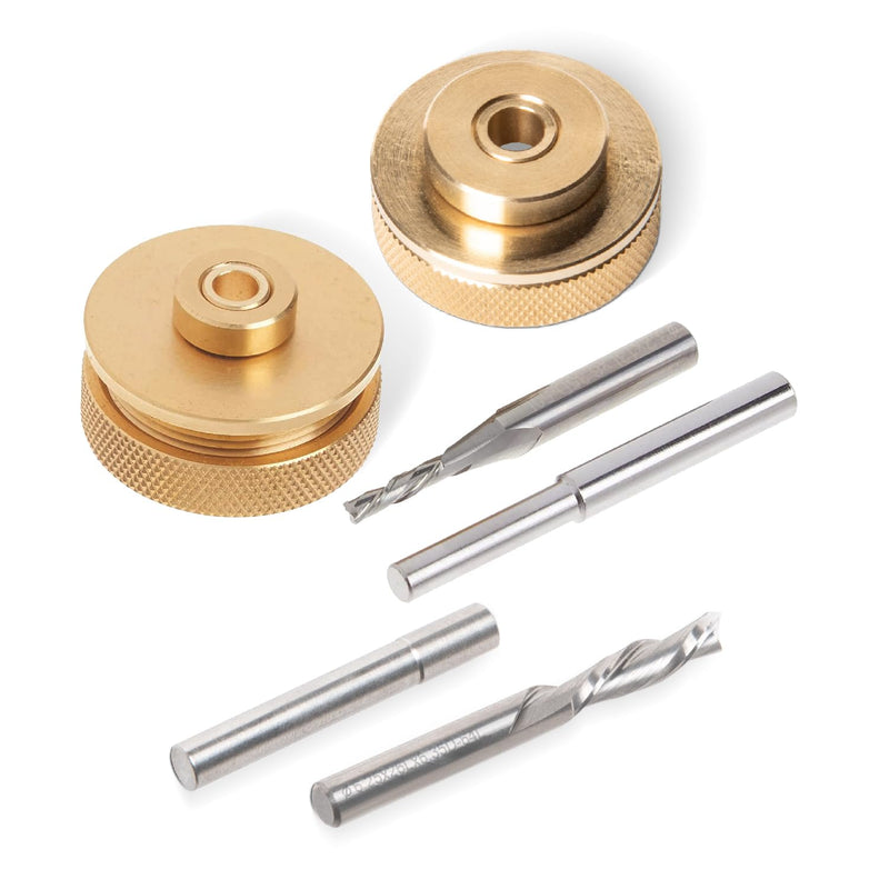 POWERTEC 72166 Solid Brass Inlay and Carbide Router Bit Set, 1/4" & 1/8" Downcut Spiral Router Bits, 1/4" Shank with Router Bushing, Collar & Alignment Pin for Wood PVC MDF Hardwood 1/4" Shank, 1/4" & 1/8" Downcut Bit Spiral & Bushing