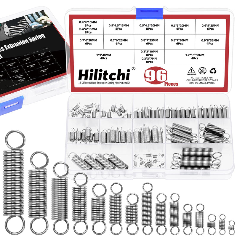 Hilitchi 96Pcs 15 Sizes Extension Spring Assortment Kit Extension Spring Stainless Steel Springs Assorted Size Small Springs Compression Tension Springs for Repairs Maintenance 96