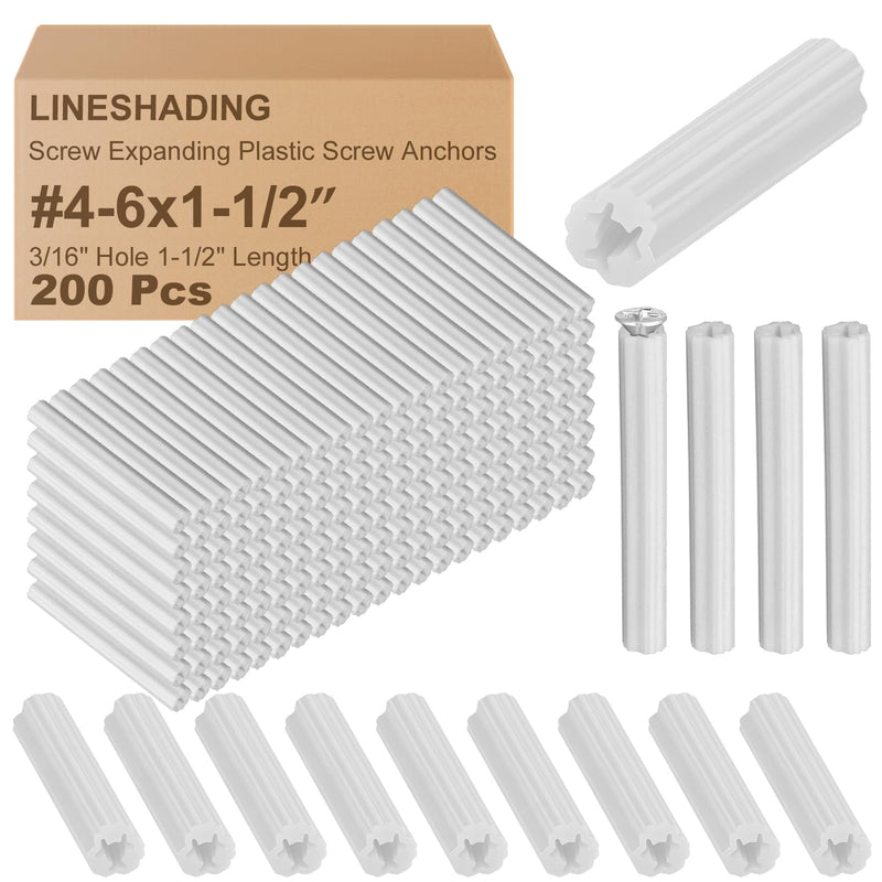 200 Pcs Expanding Plastic Screw Anchors 3/16" Hole White Plastic Anchors for Concrete Masonry Tile Cement Bolt Expansion Tube for #4,5,6 Screws, Fix to Wall Drywall or Other (1-1/2") 1-1/2"