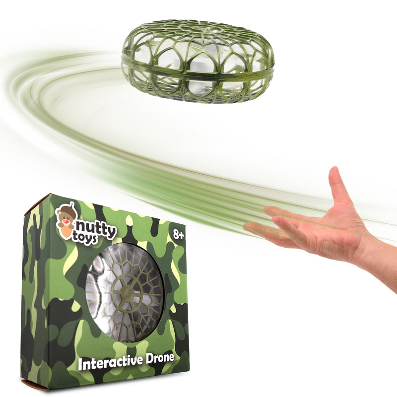 NUTTY TOYS Interactive Drone - Hand Operated Light Up Boomerang for Kids & Adults | Easy Shake to Start Flying UFO | Top Easter & Valentines Day Gift Idea 2025 for Boys & Teens 8 9 10 11 12 13 14 15 Army Green