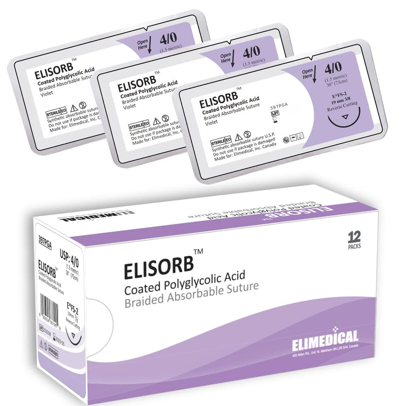 ELISORB Suture with Reverse Cutting Needle, 12 Pack. Sutures for Surgical Wound Training Students, Practice and Educational Use. Multifilament Absorbable Material 4/0 PGA, 30”, FS2, Violet 397PGA