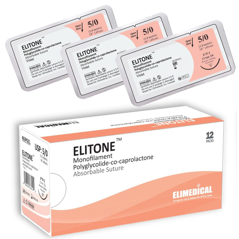 ELITONE Suture with Reverse Cutting Needle, 12 Pack. Sutures for Surgical Wound Training Students, Practice and Educational Use. Polycaprolactone Absorbable Material 5/0 PGCL, 18”, P3, Violet 463PGCL