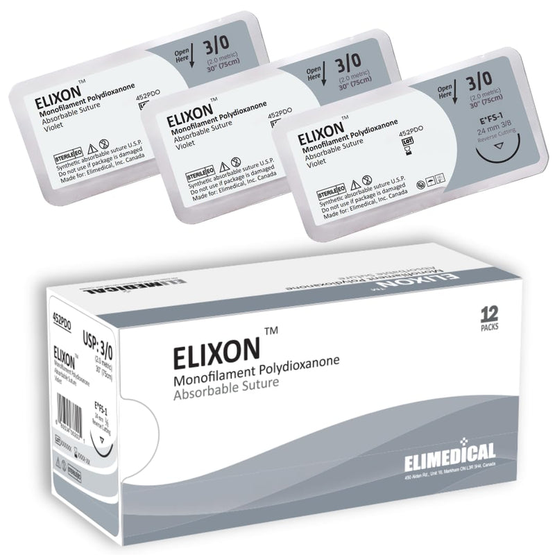 ELIXON Suture with Reverse Cutting Needle, 12 Pack. Sutures for Surgical Wound Training Students, Practice and Educational Use. Polydioxanone Absorbable Material 3/0 PDO, 30”, FS1, Violet 452PDO