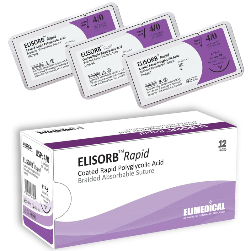 ELISORB Rapid Suture with Precision Reverse Cut Needle, 12 Pack. Sutures for Surgical Wound Training Students, Practice and Educational Use. Multifil Rapid Absorbable PGA 4/0 VQ UN, 18”, P3, 494PGA+