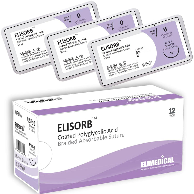 ELISORB Suture with Reverse Cutting Needle, 12 Pack. Sutures for Surgical Wound Training Students, Practice and Educational Use. Multifilament Absorbable Material 0 PGA, 30”, CP1, Violet 467PGA