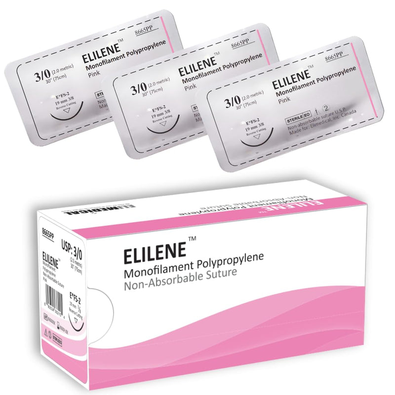 ELILENE Suture with Reverse Cutting Needle, 3/8 Circle, 19mm,12 Pack, for Surgical Wound Training, Practice and Educational Use. Polypropylene Non-Absorbable Material 3/0 FF, 30”, FS2, Pink 8665PP