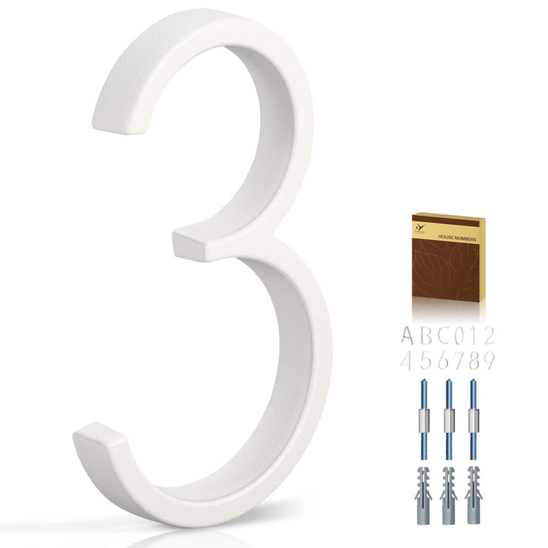 5 Inch House Numbers for Outside, Metal Address Number 3- Modern Design, Weather-Resistant White Crystal Powder Coated Finish, Stain Resistant, No Paint Peeling (White) 5 Inch