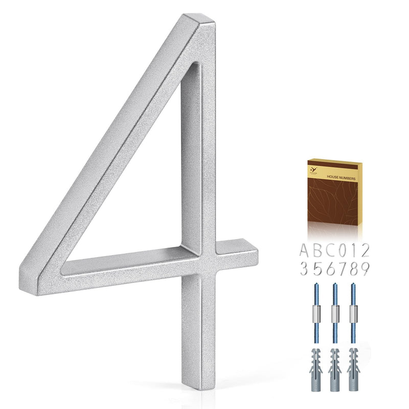 5 Inch House Numbers for Outside, Metal Address Number 4 - Modern Design, Weather-Resistant Silver Powder Coated Finish, No Fading (Silver) 5 Inch