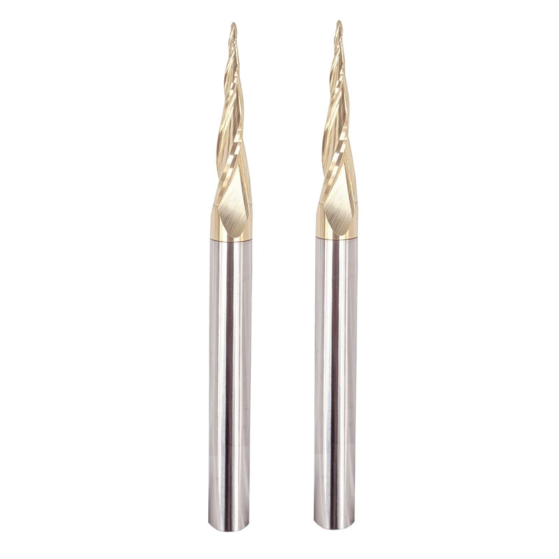 2PCS Tapered Ball Nose End Mills 1/4" Shank, 1/32" Cutting Diameter, 6.2 Degree, Solid Carbide CNC Router Bits wiith ZRN Coated for 2D/3D Milling Engraving Carving BRB462 6.2 Deg 1/32" CD x 1" CL x 1/4" SD x 3" OL 2