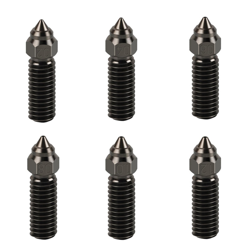 6PCS 3D Printer Extruder Hardened Steel Nozzles Kit for Creality K1/K1 Max/Ender 3 V3 KE, Packed High Temperature and Wear Resistance 1PC 0.2mm/0.4mm/0.6mm/0.8mm/1.0mm/1.2mm Hardened Steel Nozzle 6PCS Nozzles for K1/K1 Max/Ender 3 V3 KE