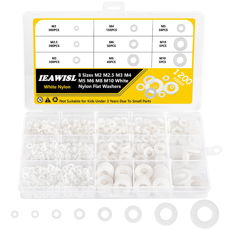1200Pcs Nylon Flat Washers for Screws Bolts, White Plastic Washers, 9 Sizes Plastic Washers, Assorted Washers Kit (M2 M2.5 M3 M4 M5 M6 M8 M10) for Household & Commercial White Nylon Flat Washers-1200pcs