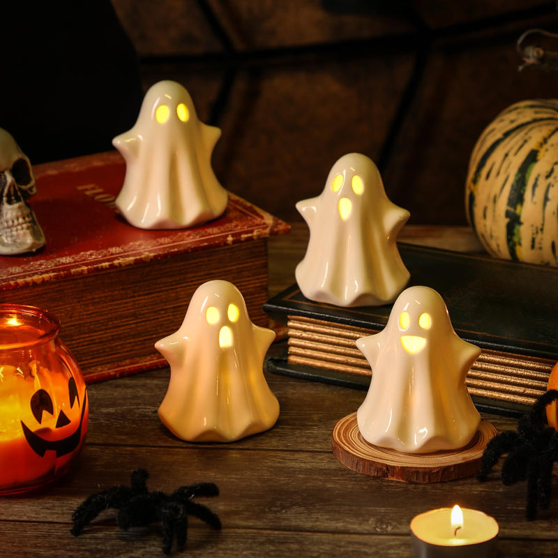KORMMCO 4PCS Ceramic Ghost Light Up Decor, Cute Ghost Halloween Decor, Small White Ghost Figurine Led Ghost Figurines for Desk Tabletop Centerpieces，Halloween Decoration Indoor
