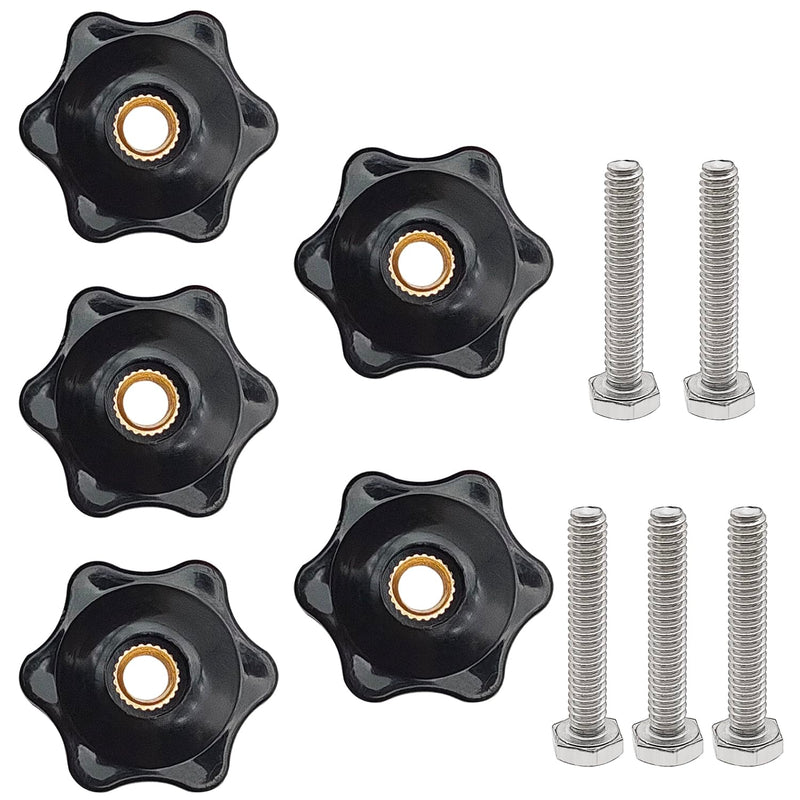 6 Star T Track Knobs and Bolts Kit, 5 Pack 6 Star Knobs 1/4 Inch 20 Female + 5 Pack 1/4inch 20 Thread T Bolts, Threaded Hexagon Head Thru Knob Clamping Knobs Jig Knobs T Knob
