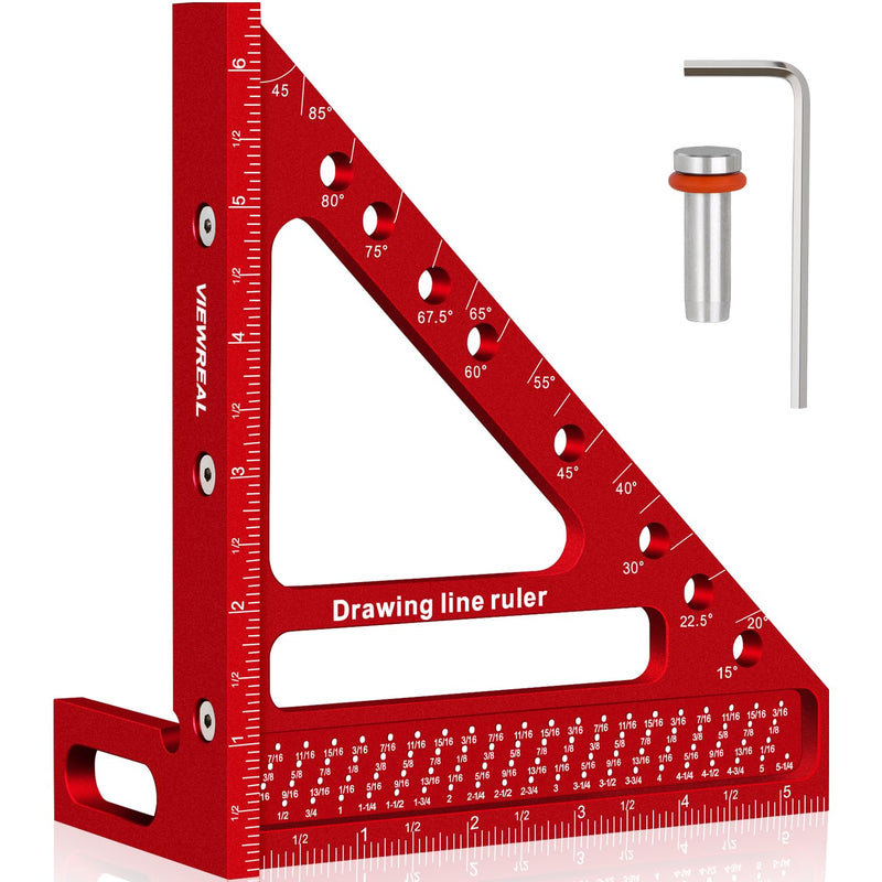 Large Carpenter Square 6.5''x5.79''Protractor Ruler with 3D Multi-Angle Measuring and Scribing Features with Anti-Lost Pin for Accurate Woodworking & Construction Red