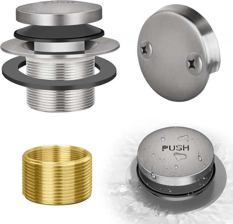 Tip-Toe Bathtub Drain Kit with Two-Hole Overflow Plate, Premium Quality Bath Tub Drain Replacement, Universal Fine/Coarse Thread Bathtub Stopper (Brushed Nickel) Brushed Nickel