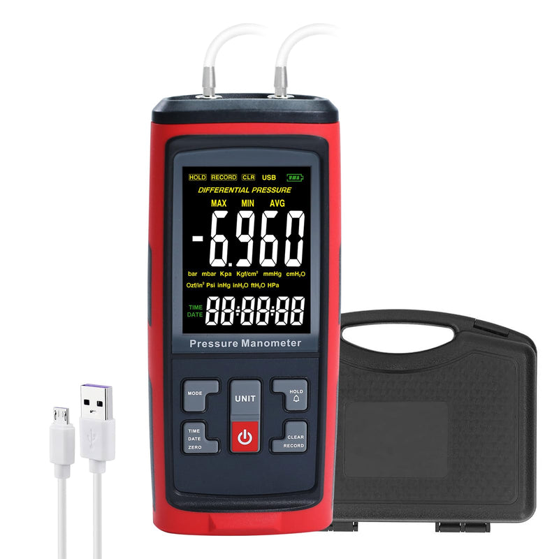 Manometer Data Logger Digital Manometer Gas Pressure Tester with ±200 inH2O Measuring Range, Differential Pressure Gauge 13 Selectable Units Manometer HVAC with Large LCD Screen