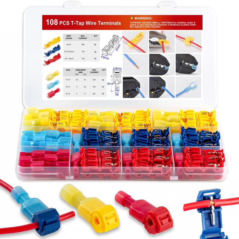 108 Pcs T-Tap Wire Connectors Kit, Quick Wire Splice Connectors, Self-Stripping Electrical Connectors Kit, Nylon Fully Insulated Male Wire Terminals for Automotive Wire Tap (22-10 AWG)