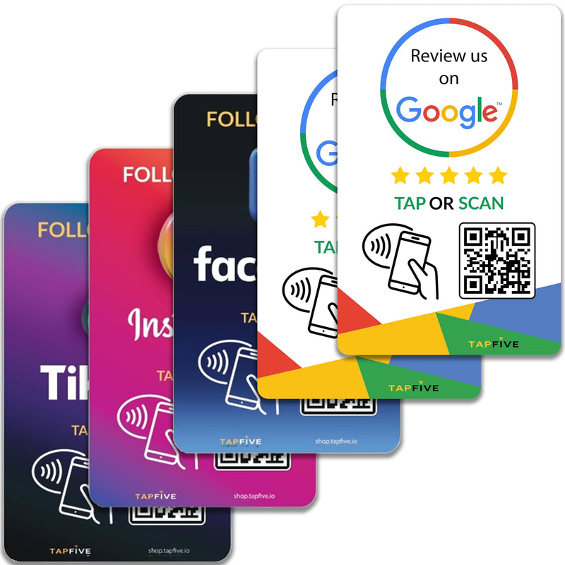 TapFive Google Review Tap Cards + Follow Us on Instagram Facebook TikTok - Tap for Instant Reviews & Followers - All Phones Compatible - Reusable NFC & QR (5-Pack Social Pack) 5-Pack Social Cards