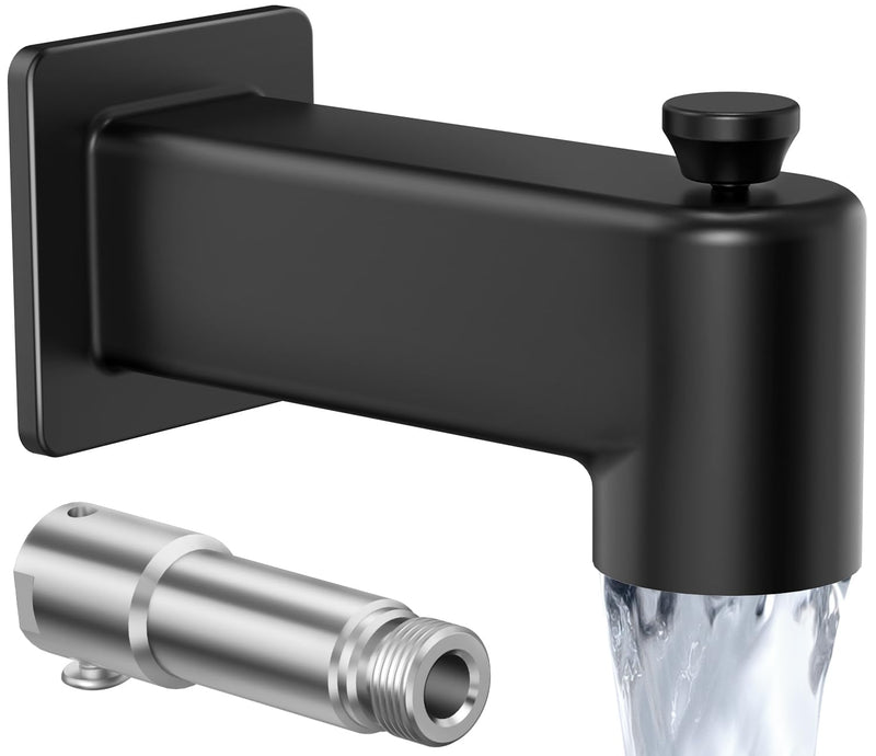 All Metal Bathtub Spout with Diverter, KES Bath Tub Faucet Replacement with Stainless Steel Extension Nipple, Black Shower Slip-on Tub Faucet Fits 1/2 Inch Copper Pipe, PTSN300-BK Matte Black(Fits 1/2'' Pipe)